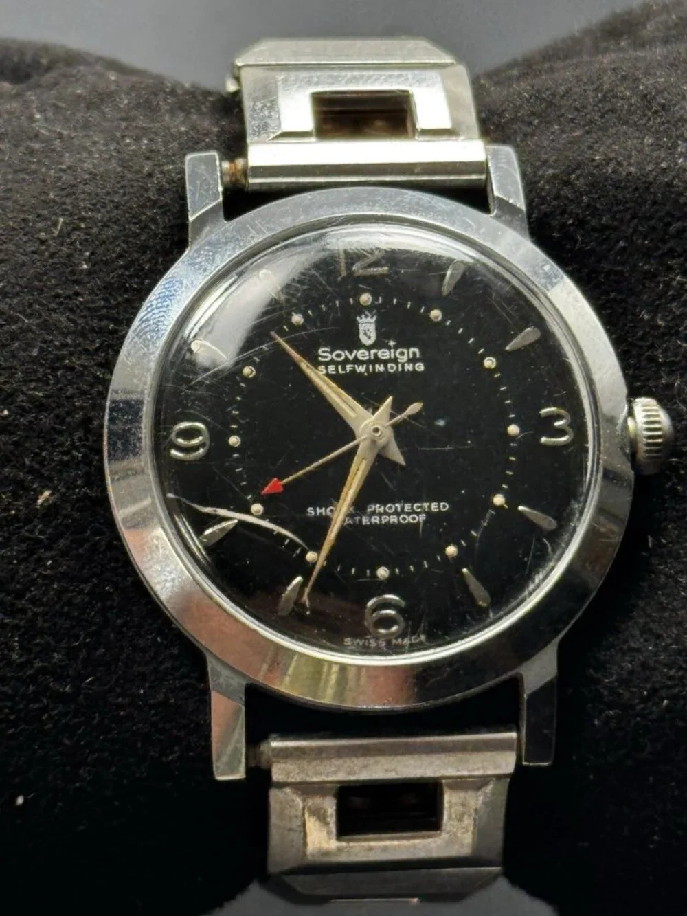 Vintage Sovereign Self Winding Swiss Automatic Watch Black Dial Speidel Runs